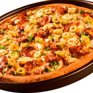 "Close-up of a freshly baked pizza with melted cheese, colorful vegetables, and savory toppings on a golden, crispy crust."