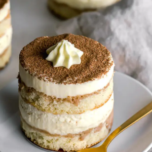 "A decadent slice of tiramisu, with layers of coffee-soaked ladyfingers, creamy mascarpone filling, and a dusting of cocoa powder on top."