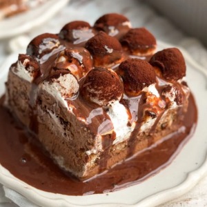 "A decadent slice of tiramisu, with layers of coffee-soaked ladyfingers, creamy mascarpone filling, and a dusting of cocoa powder on top."
