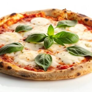 "Close-up of a freshly baked pizza with melted cheese, colorful vegetables, and savory toppings on a golden, crispy crust."