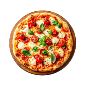 "Close-up of a freshly baked pizza with melted cheese, colorful vegetables, and savory toppings on a golden, crispy crust."