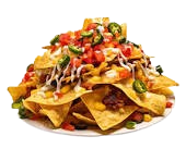 "A plate of crispy nachos topped with melted cheese, jalapeños, sour cream, and a sprinkle of fresh cilantro, ready to be enjoyed."