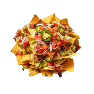 "A plate of crispy nachos topped with melted cheese, jalapeños, sour cream, and a sprinkle of fresh cilantro, ready to be enjoyed."