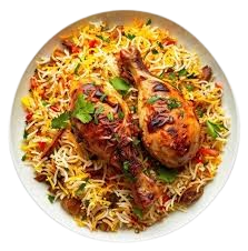 "A fragrant plate of biryani, with perfectly cooked rice, tender meat, and a blend of aromatic spices, garnished with fresh herbs and fried onions."