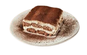 "A decadent slice of tiramisu, with layers of coffee-soaked ladyfingers, creamy mascarpone filling, and a dusting of cocoa powder on top."