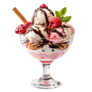 "A delicious sundae topped with scoops of ice cream, drizzled with chocolate syrup, whipped cream, and colorful sprinkles, served in a glass dish."
