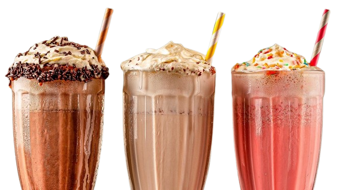 "A refreshing milkshake served in a tall glass, topped with whipped cream, colorful sprinkles, and a cherry, with a straw on the side."
