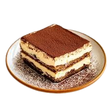 "A decadent slice of tiramisu, with layers of coffee-soaked ladyfingers, creamy mascarpone filling, and a dusting of cocoa powder on top."