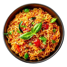 "A bowl of steaming noodles garnished with fresh vegetables, herbs, and a flavorful sauce, served as a delicious and comforting dish."