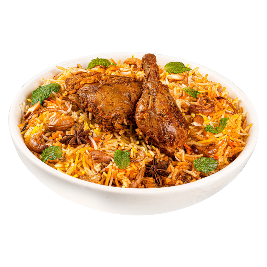 "A fragrant plate of biryani, with perfectly cooked rice, tender meat, and a blend of aromatic spices, garnished with fresh herbs and fried onions."